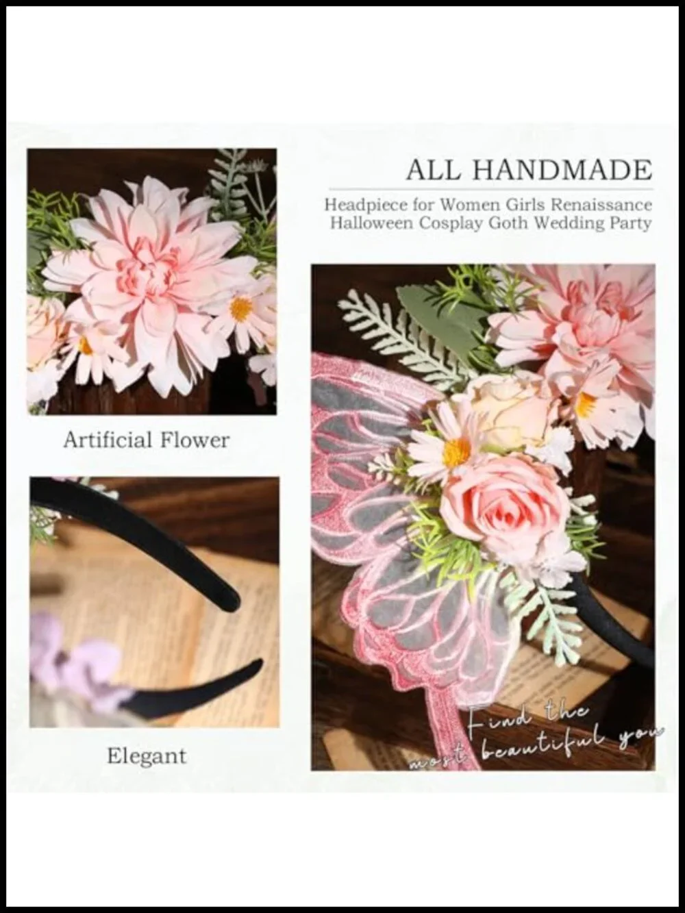 Fairy Butterfly Headband - Flower Crown with Wings, Woodland Floral Hair